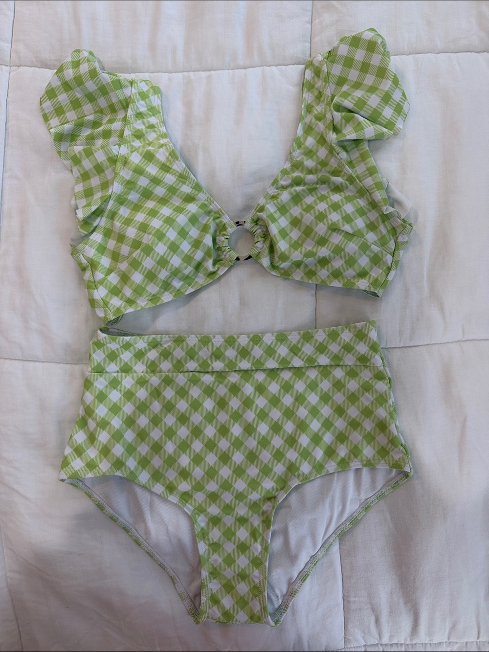 Green Gingham High-Waist Bikini Set - Flounce Shoulder Top